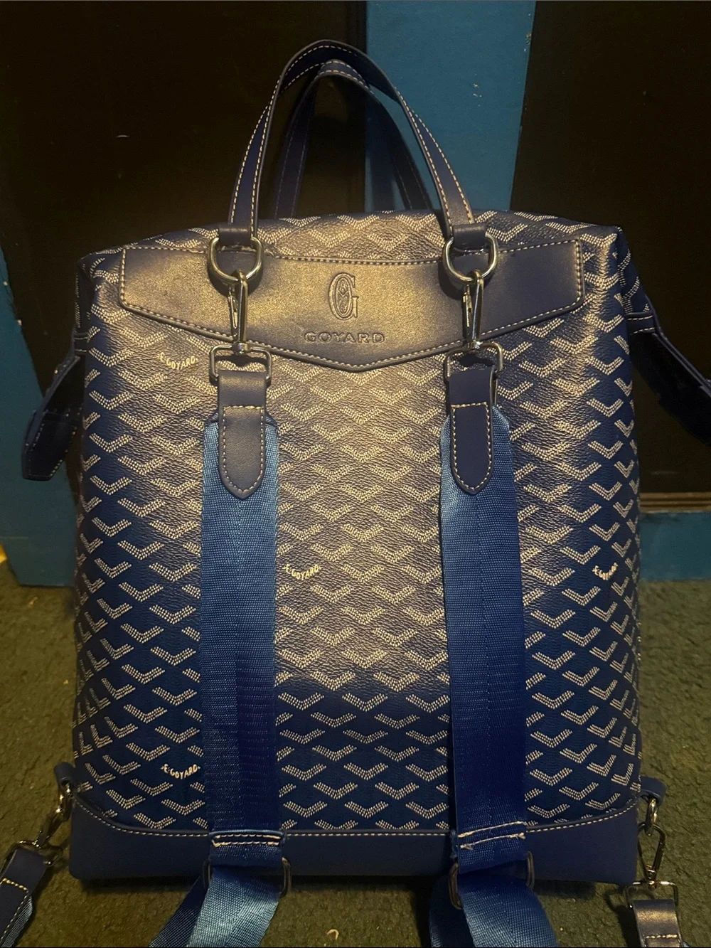 Goyard Navy Chevron Pattern Leather-Trim Tote